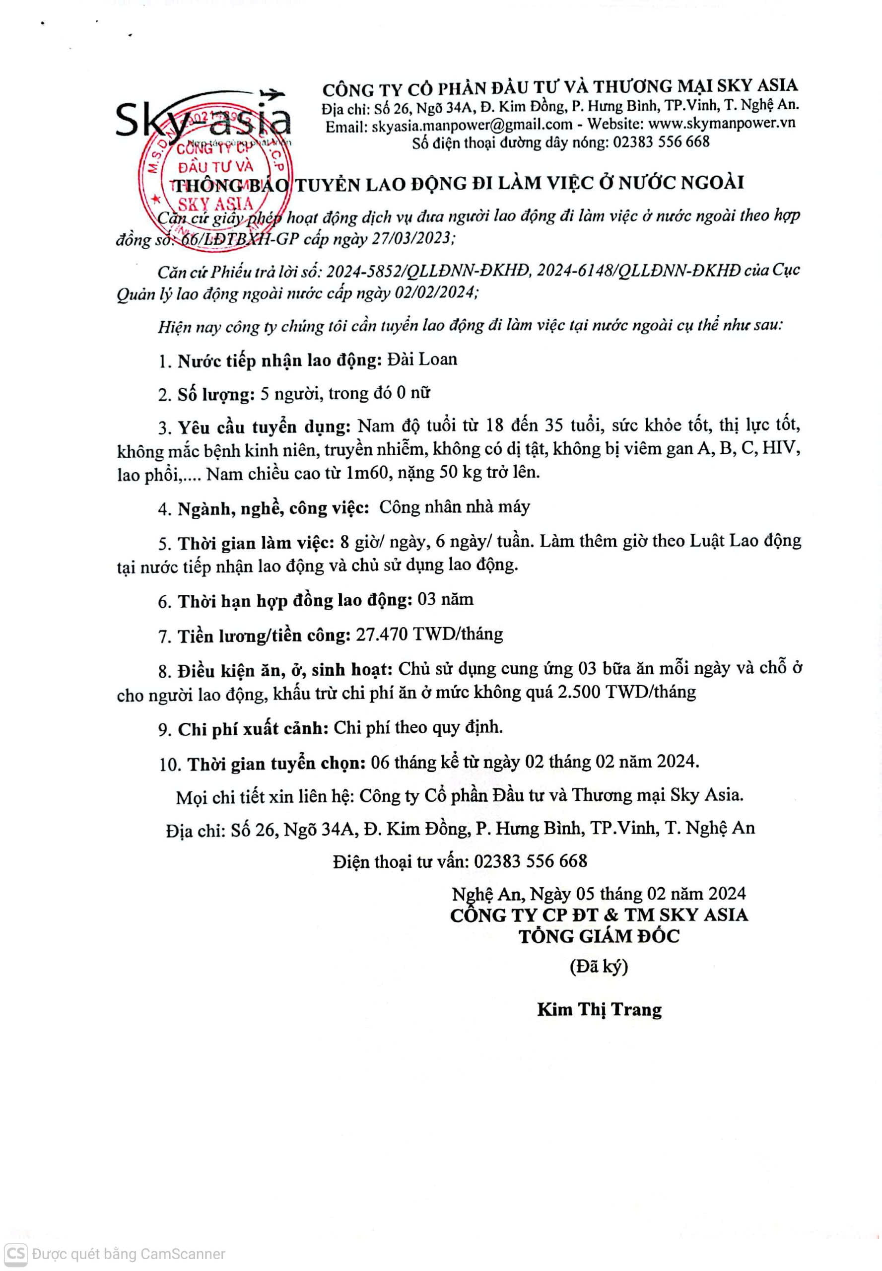   THÔNG BÁO TUYỂN LAO ĐỘNG LÀM VIỆC TẠI ĐÀI LOAN THÁNG 02/2024